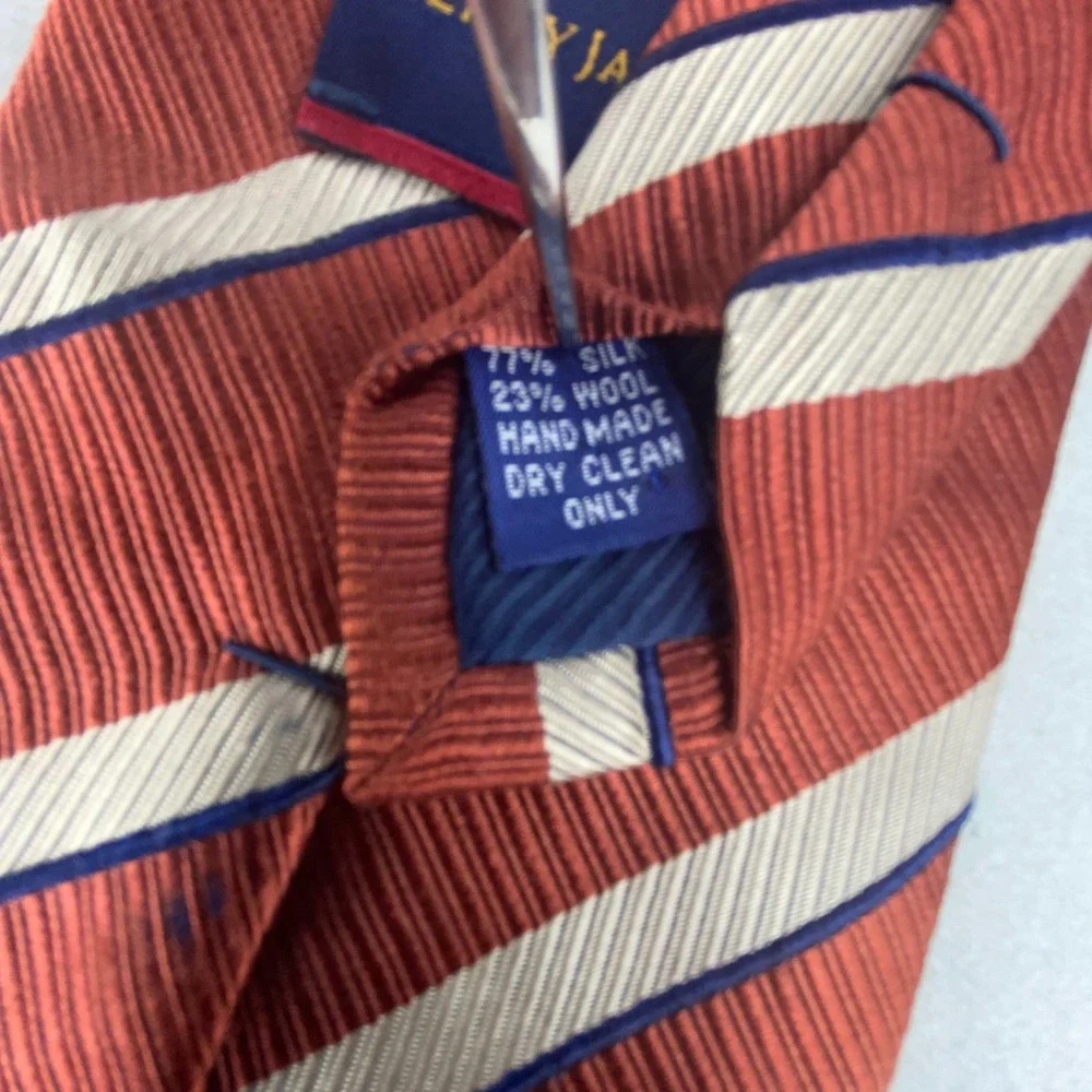 Henry Jacobson Silk Wool Striped Tie Rust Orange Cream Navy Handmade‎ 59.5x4